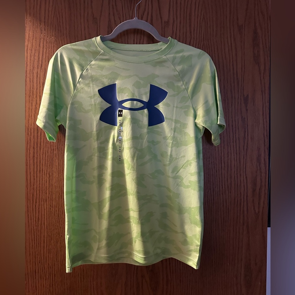 NWT Under Armour Boys' Tech Big Logo Printed T-shirt Morph Green w/ Blue Logo